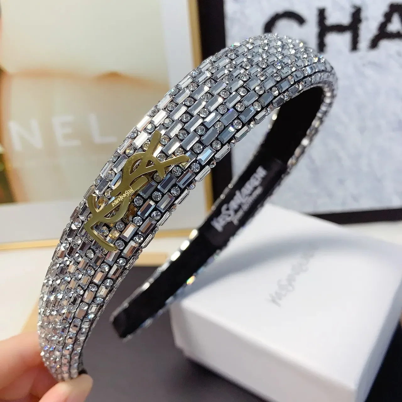 Saint Laurent Black Gold Crystal-Embellished Monogram Jewelry 4