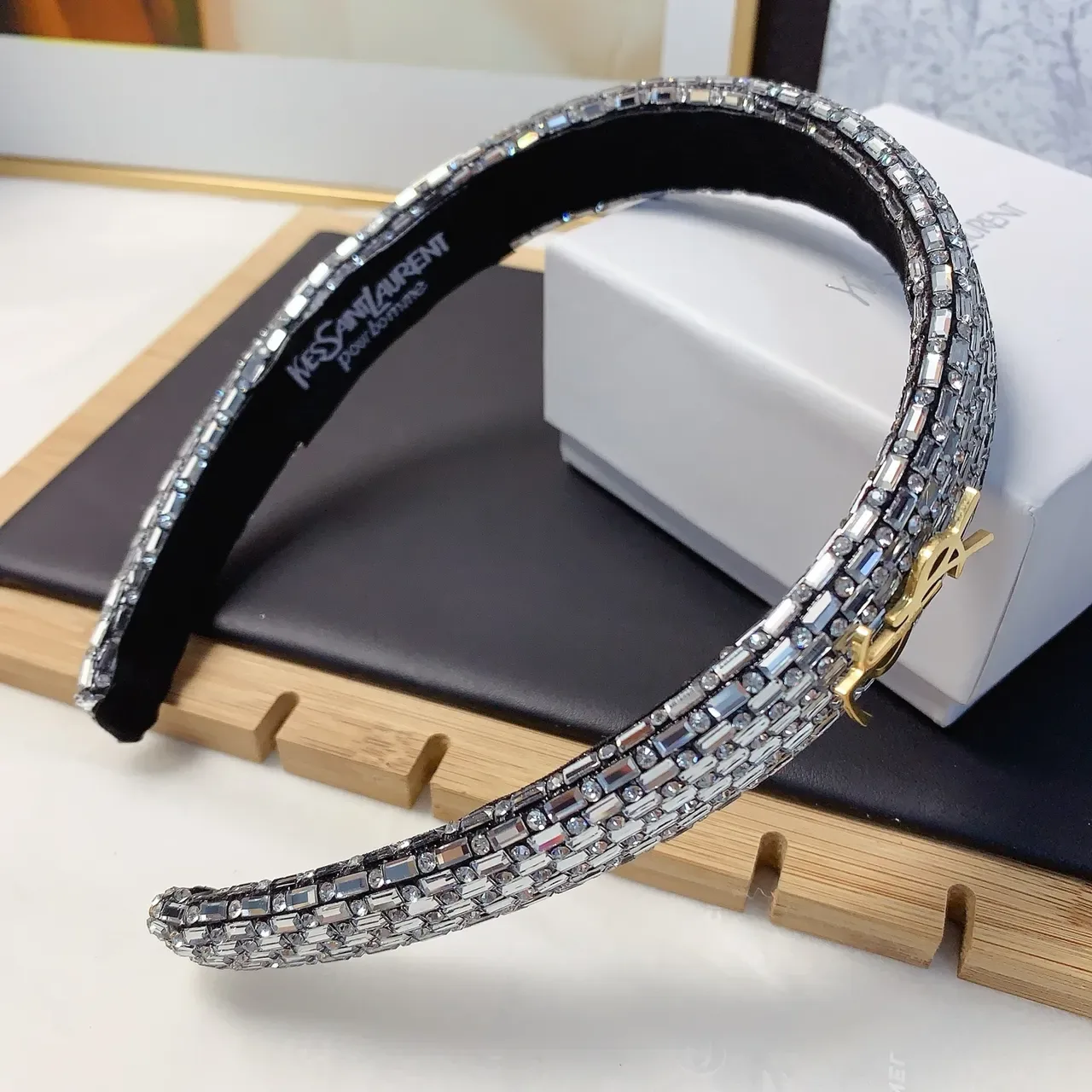 Saint Laurent Black Gold Crystal-Embellished Monogram Jewelry 5
