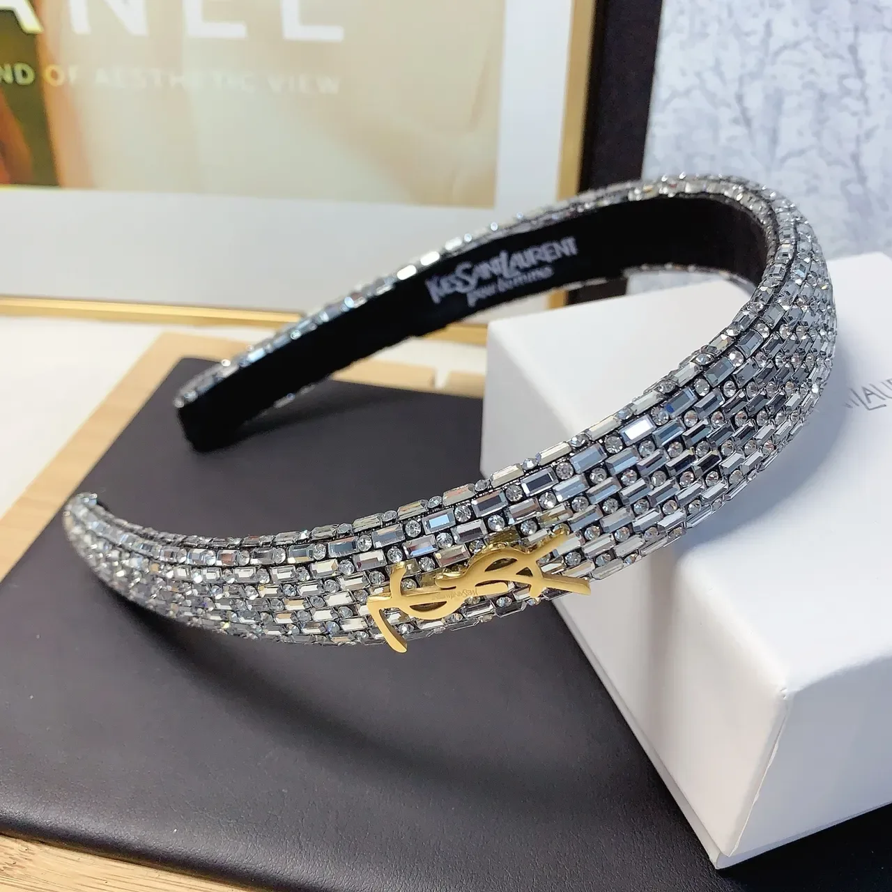 Saint Laurent Black Gold Crystal-Embellished Monogram Jewelry 6