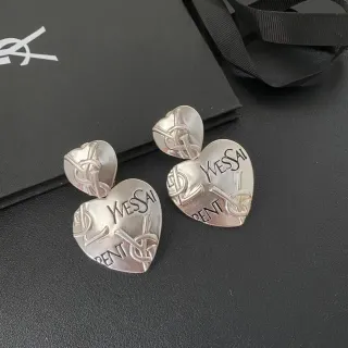 Saint Laurent Heart-Shaped Engraved Monogram Silver Earrings