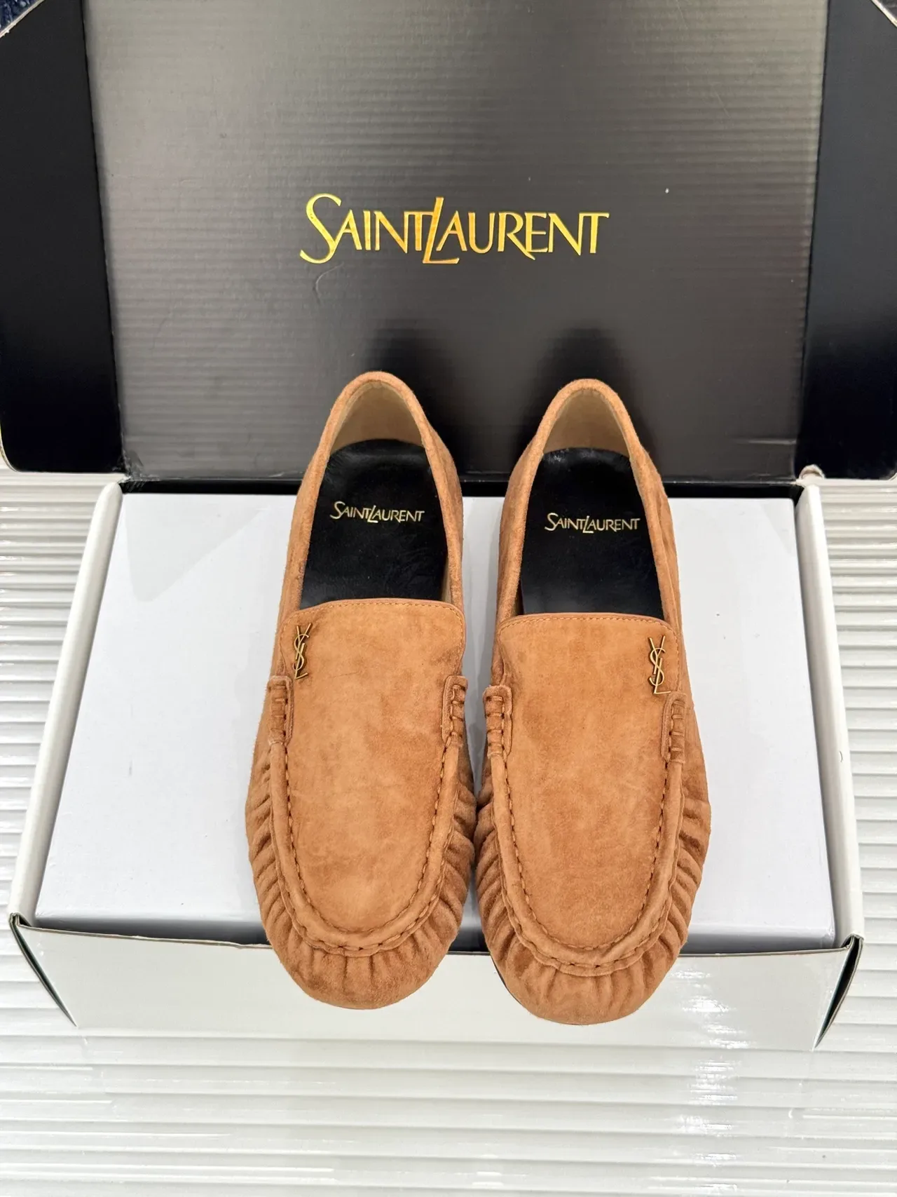 Saint Laurent Loafer Camurça Marrom Preto Ruched Vamp 5
