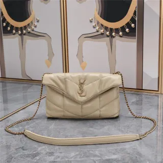 Saint Laurent Loulou Beige Gold Quilted Diamond Stitching Envelope Flap Chain Bag