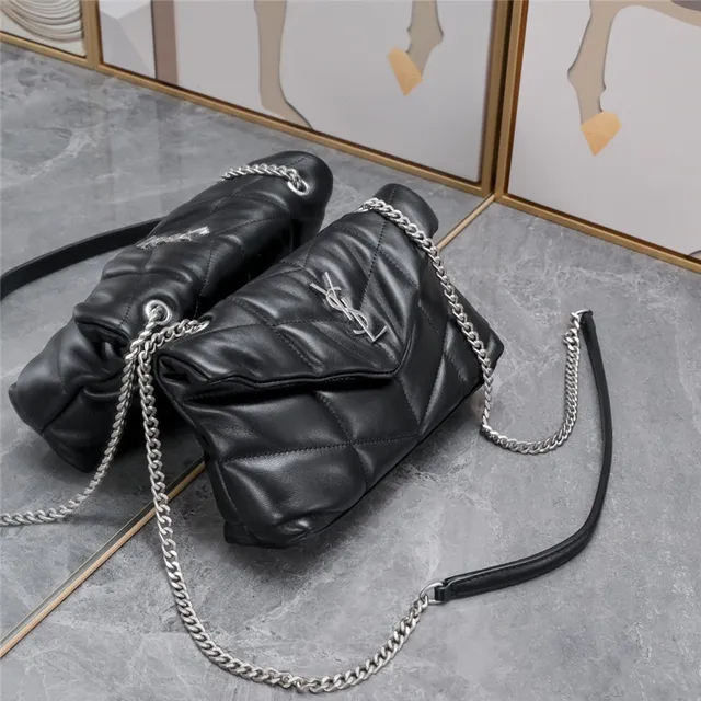 Saint Laurent Loulou Beige Gold Quilted Diamond Stitching Envelope Flap Chain Bag 18