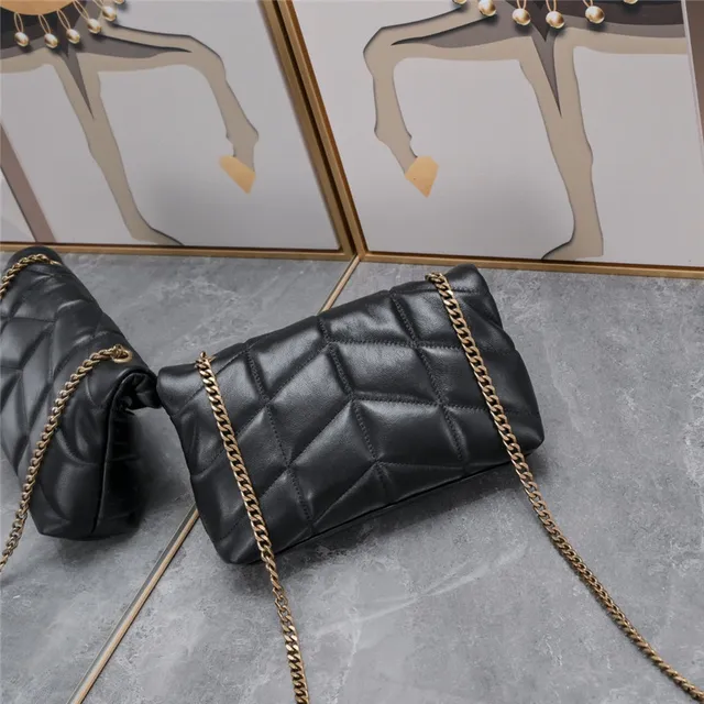 Saint Laurent Loulou Beige Gold Quilted Diamond Stitching Envelope Flap Chain Bag 24