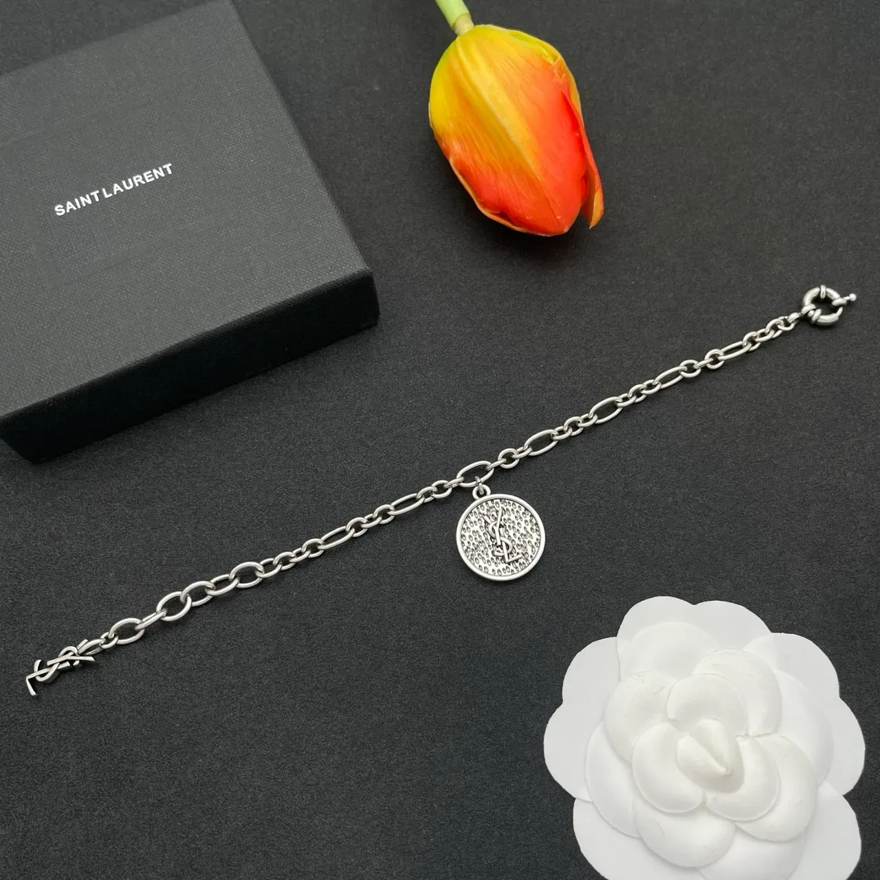Saint Laurent Silver Oval-Link Charm Bracelet 7