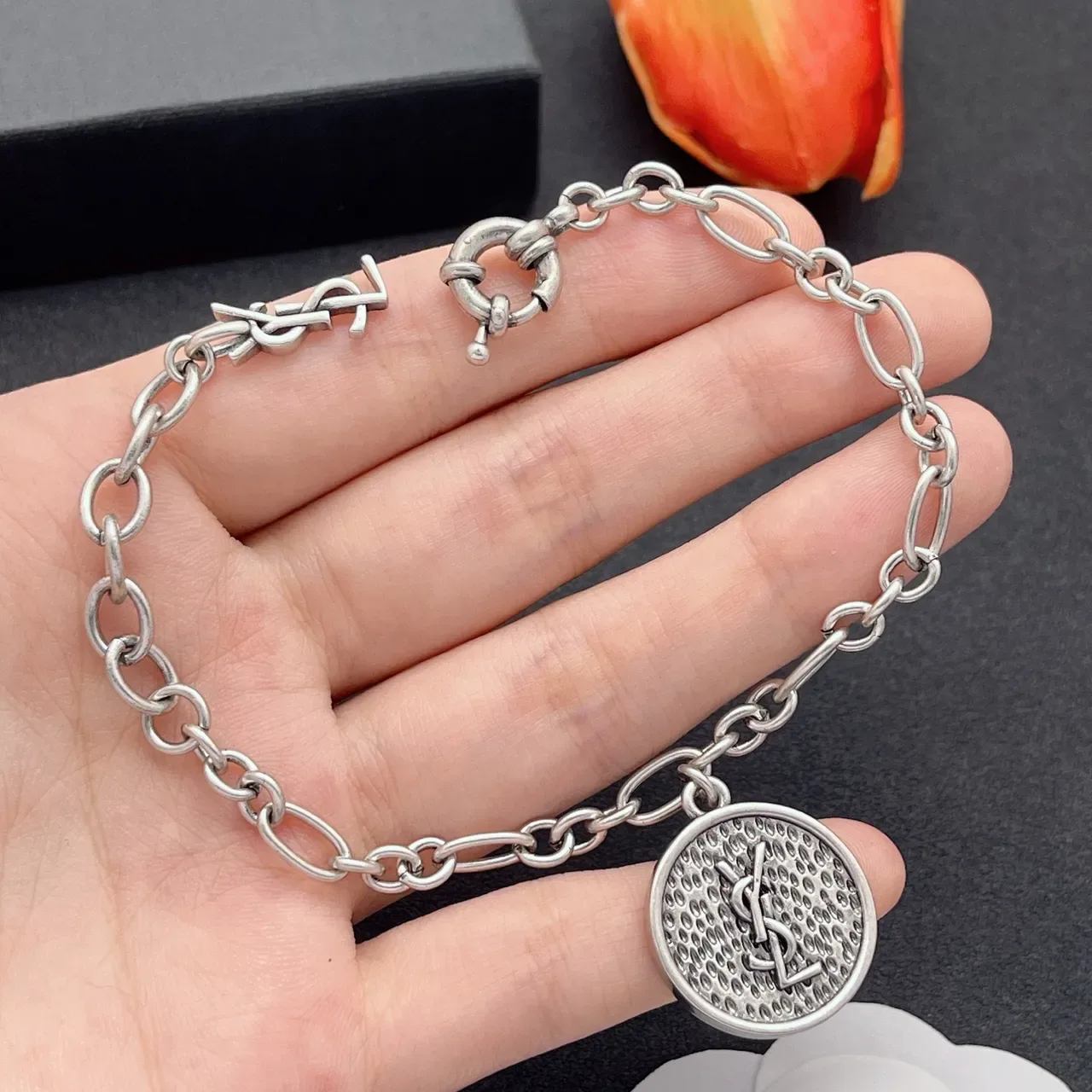 Saint Laurent Silver Oval-Link Charm Bracelet 8