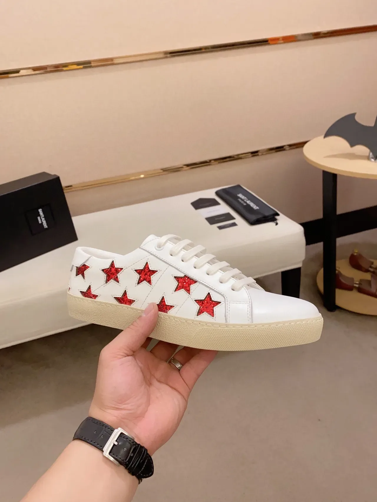 Saint Laurent Star-Embellished White Leather Lifestyle Sneakers 7