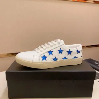 Saint Laurent White Blue Leather Glitter Star Appliqués Lifestyle Sneakers