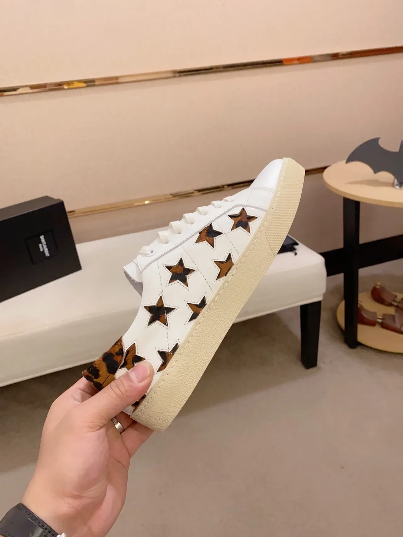 Saint Laurent White Brown Leather Star Cutouts Lifestyle Sneakers 4