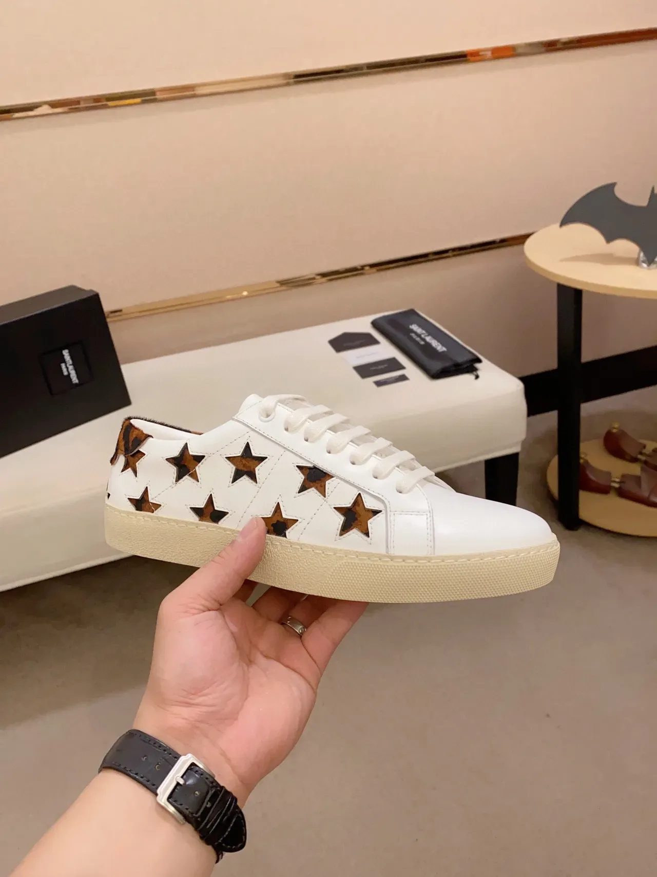 Saint Laurent White Brown Leather Star Cutouts Lifestyle Sneakers 7