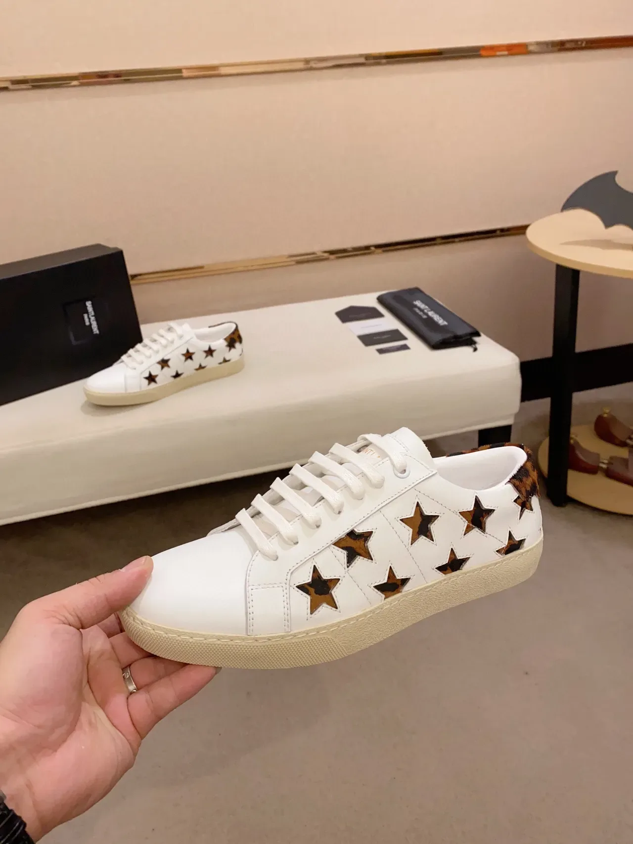Saint Laurent White Brown Leather Star Cutouts Lifestyle Sneakers 8