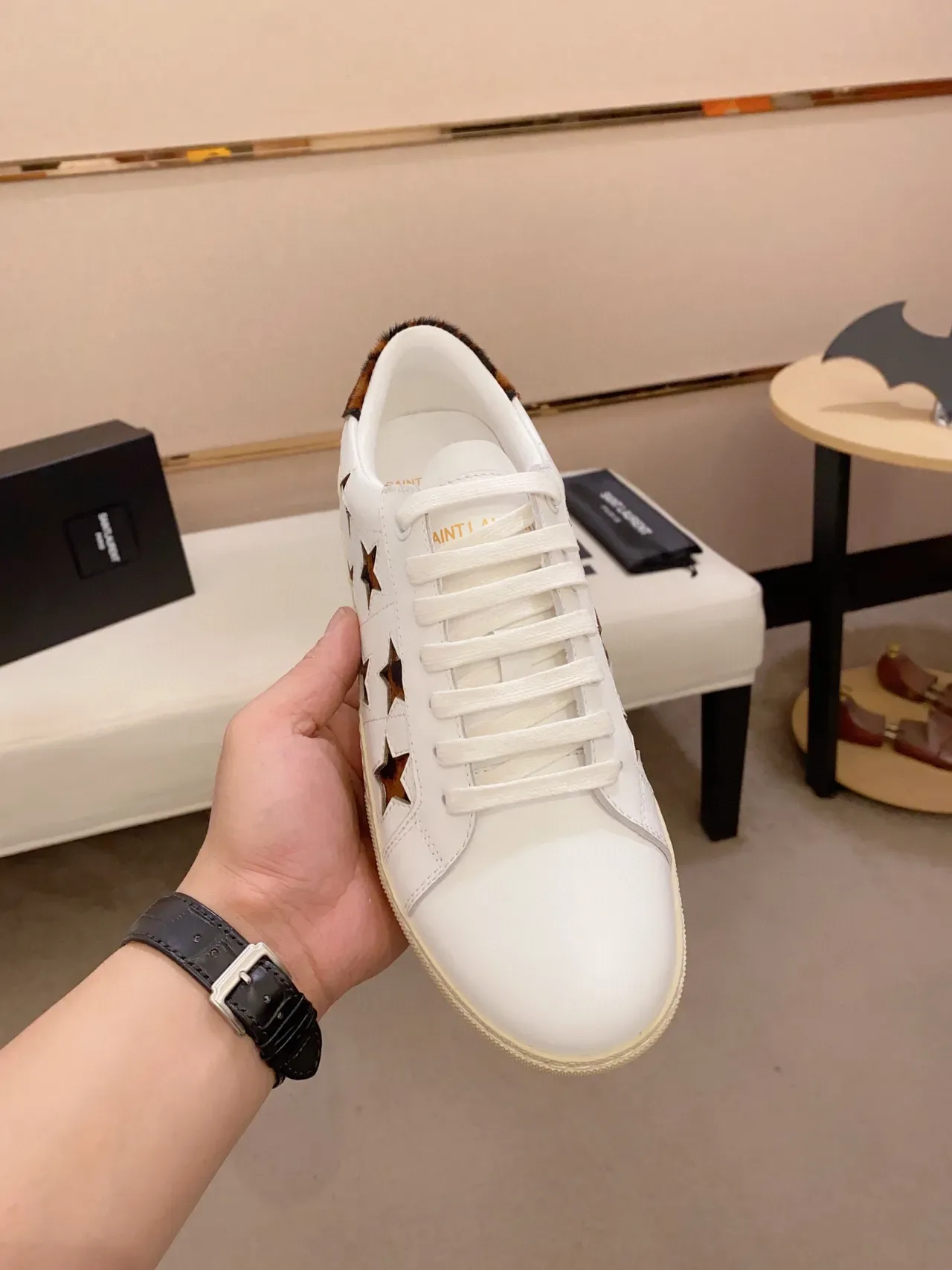 Saint Laurent White Brown Leather Star Cutouts Lifestyle Sneakers 9