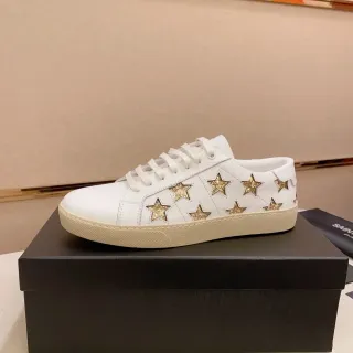Saint Laurent White Gold Leather Glitter Star Appliqués Lifestyle Sneakers