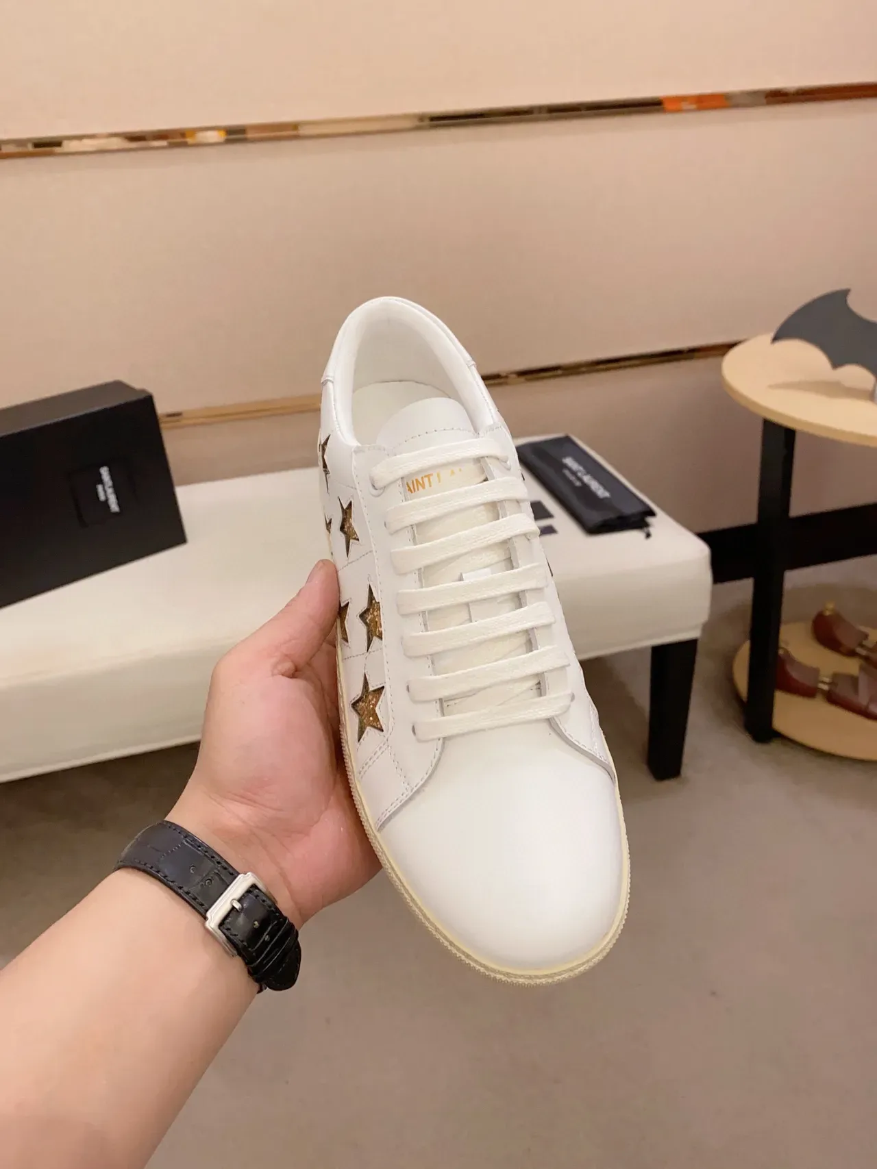Saint Laurent White Gold Leather Glitter Star Appliqués Lifestyle Sneakers 2