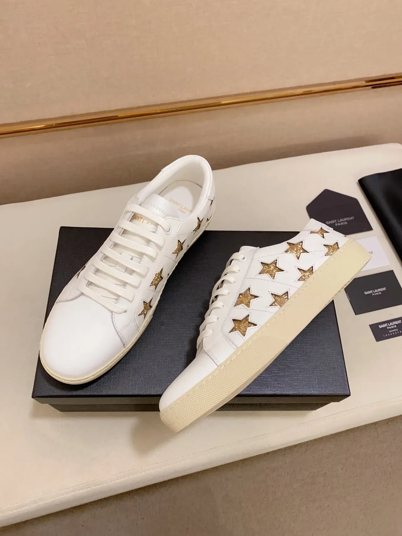 Saint Laurent White Gold Leather Glitter Star Appliqués Lifestyle Sneakers 5