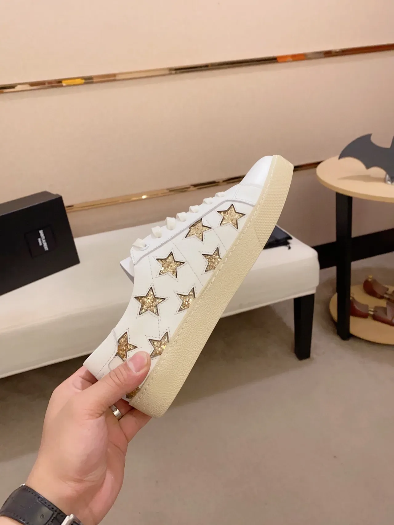 Saint Laurent White Gold Leather Glitter Star Appliqués Lifestyle Sneakers 7