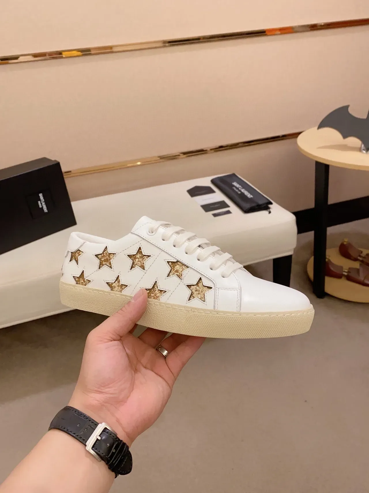 Saint Laurent White Gold Leather Glitter Star Appliqués Lifestyle Sneakers 8