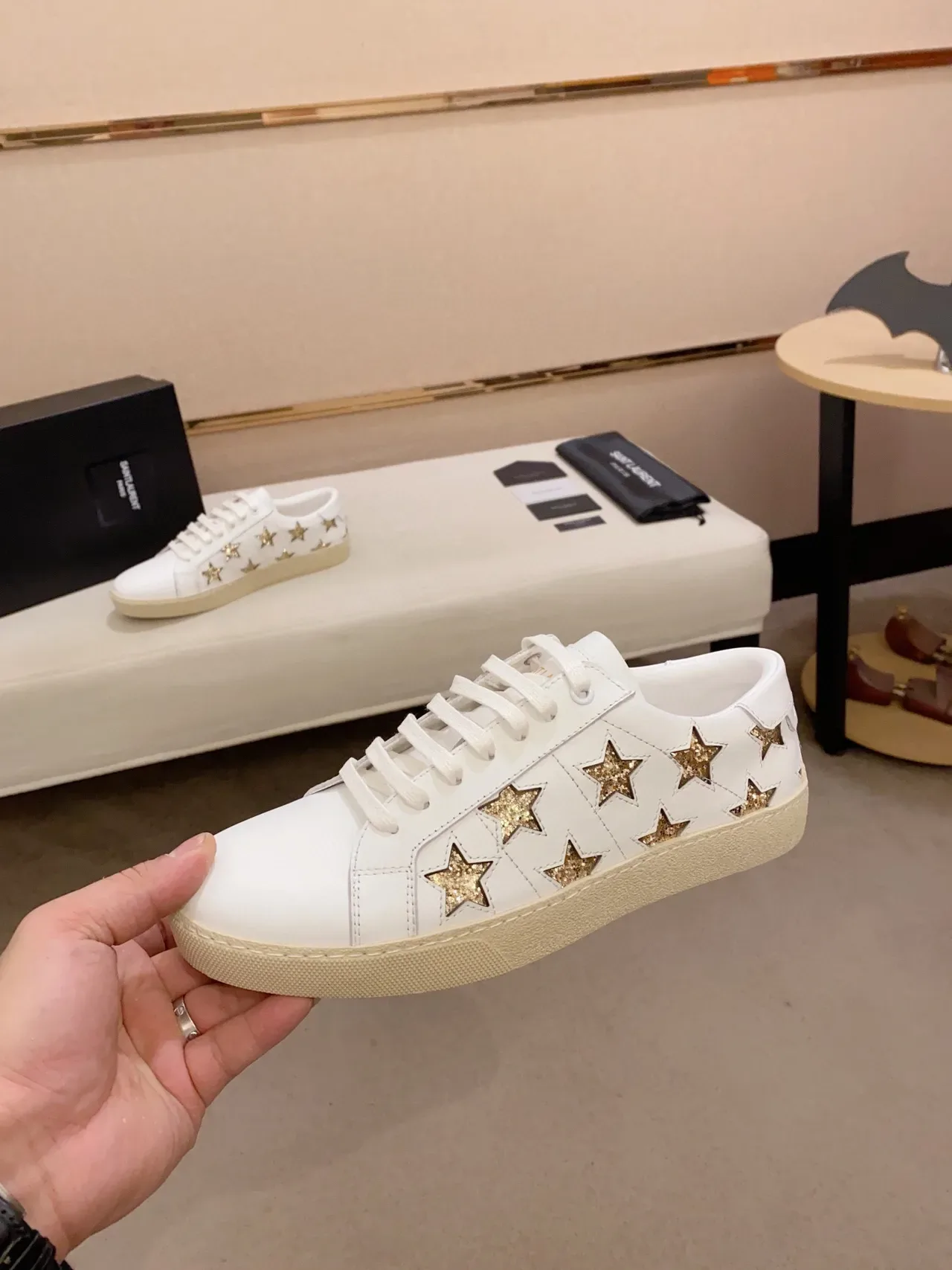 Saint Laurent White Gold Leather Glitter Star Appliqués Lifestyle Sneakers 9