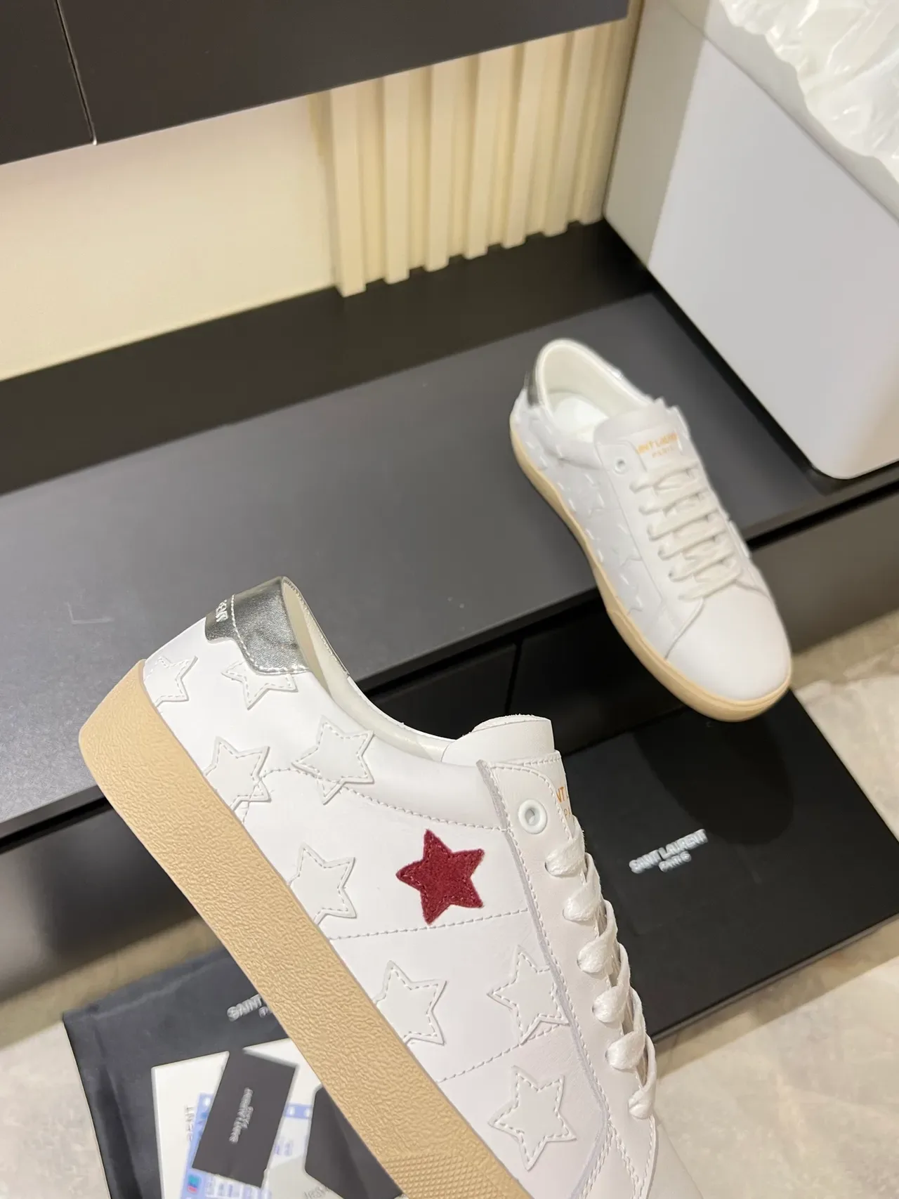 Saint Laurent White Red Leather Embossed Star Motifs Lifestyle Sneakers 3
