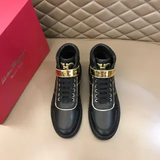 Salvatore Ferragamo Black Gold High-Top Leather Lifestyle Sneakers