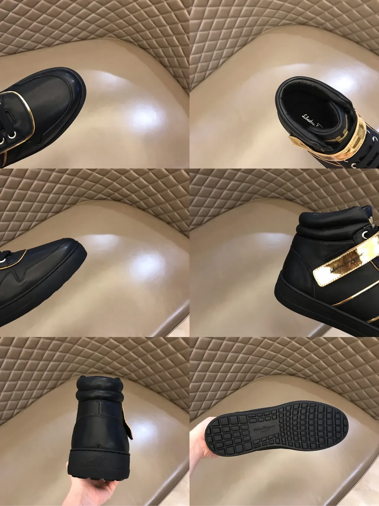 Salvatore Ferragamo Black Gold High-Top Leather Lifestyle Sneakers 2