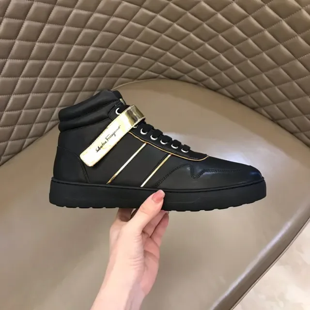 Salvatore Ferragamo Black Gold High-Top Leather Lifestyle Sneakers 5