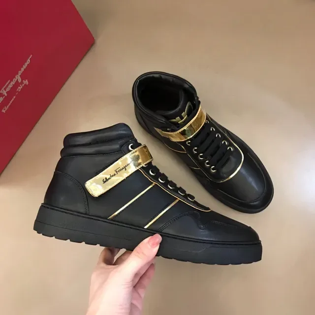 Salvatore Ferragamo Black Gold High-Top Leather Lifestyle Sneakers 7