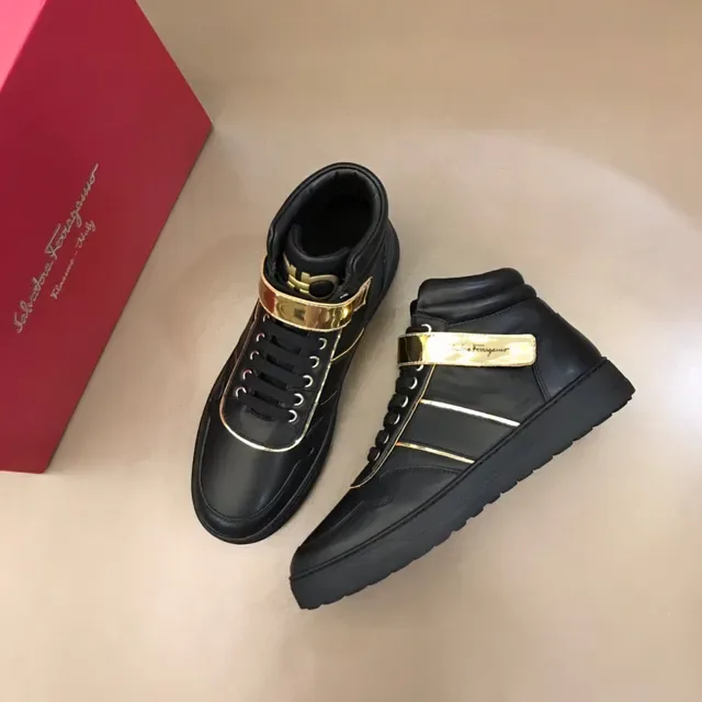 Salvatore Ferragamo Black Gold High-Top Leather Lifestyle Sneakers 9