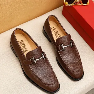 Salvatore Ferragamo Gancini Brown Pebbled Leather Horsebit Loafers