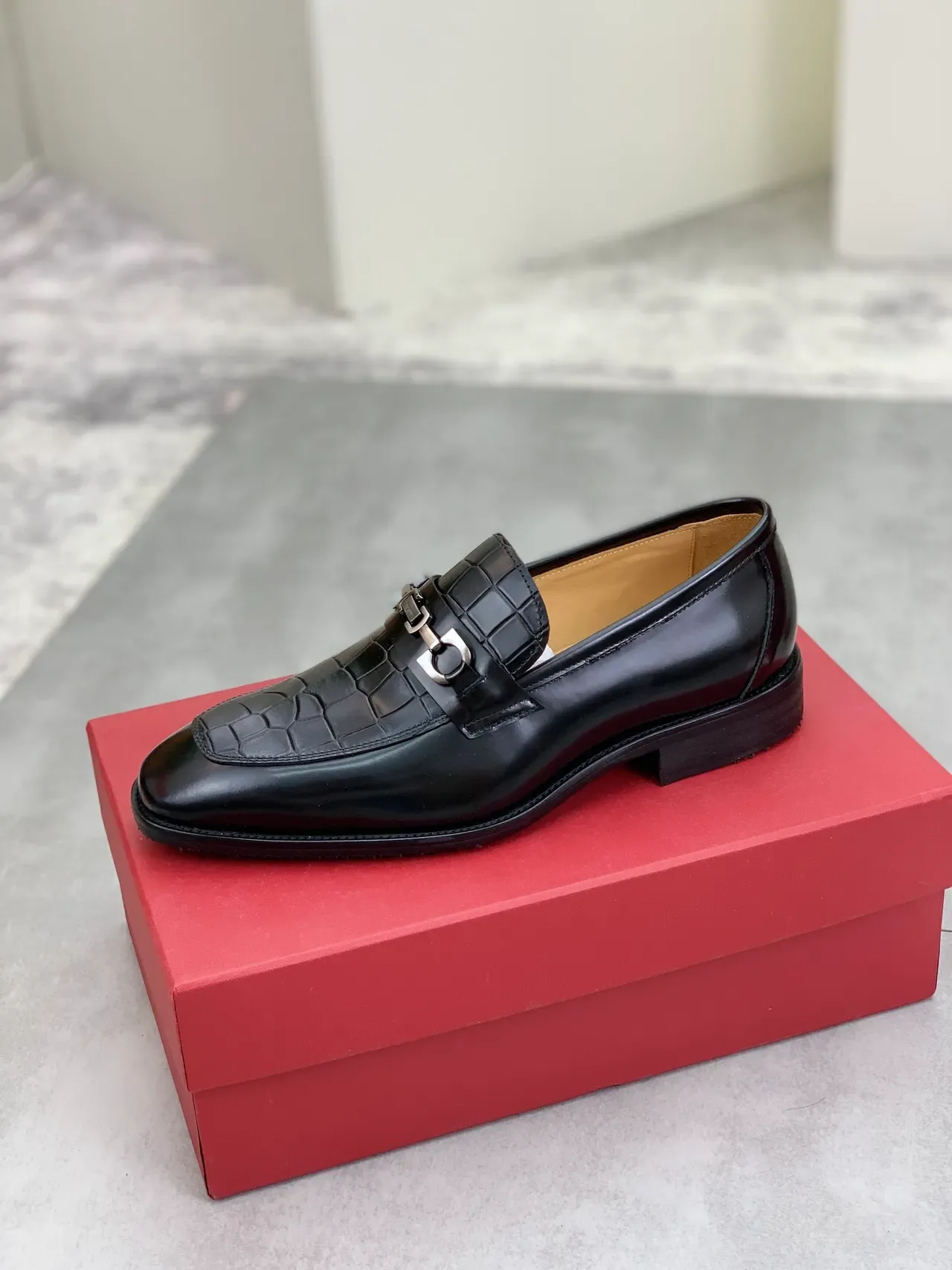 Salvatore Ferragamo Gancini Croc-Embossed Black Loafers 4