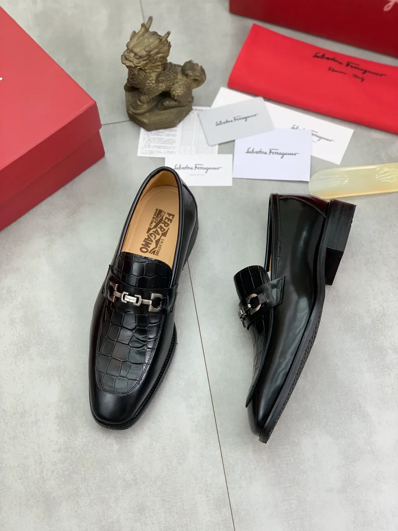 Salvatore Ferragamo Gancini Croc-Embossed Black Loafers 5
