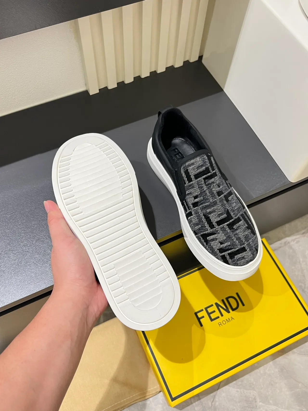 Supreme Slip-On Monogram Knit Gray Black White Lifestyle Sneakers 3