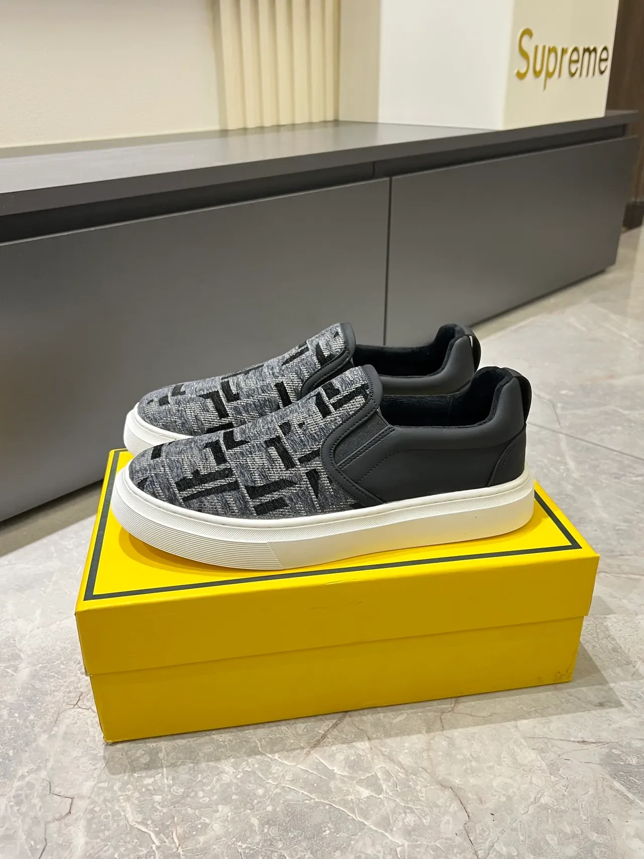 Supreme Slip-On Monogram Knit Gray Black White Lifestyle Sneakers 4