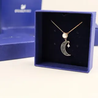 Swarovski Pearl and Pavé Crescent Moon Necklace
