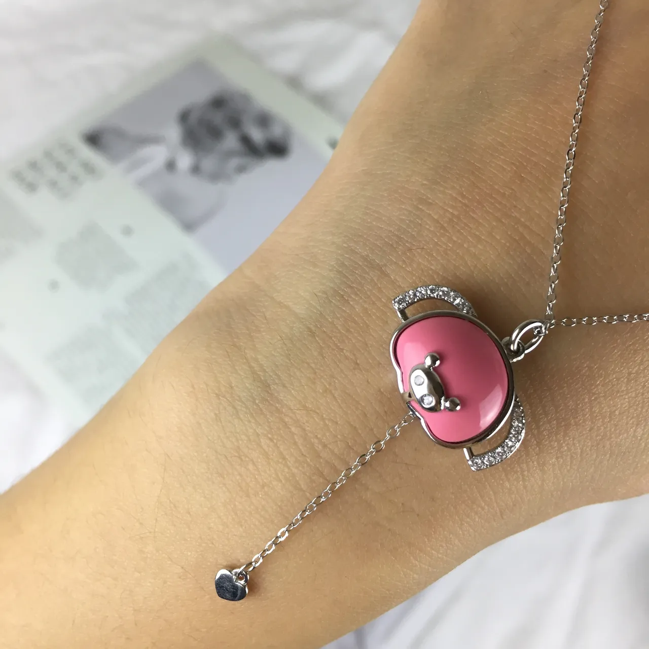 Swarovski Pink Silver Enamel Pig-Shaped Pendant Dangling Heart Charm Necklace 2