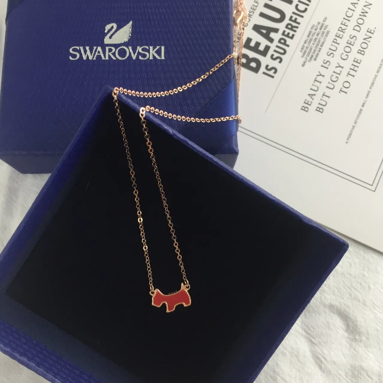Swarovski Red Enamel Dog Charm Rose-Gold Chain Necklace 4