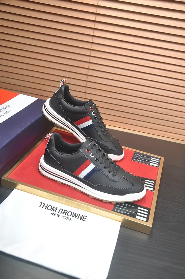 Thom Browne Black Multicolor Leather Upper Signature Red-White-Blue Stripe Lifestyle Sneakers 4