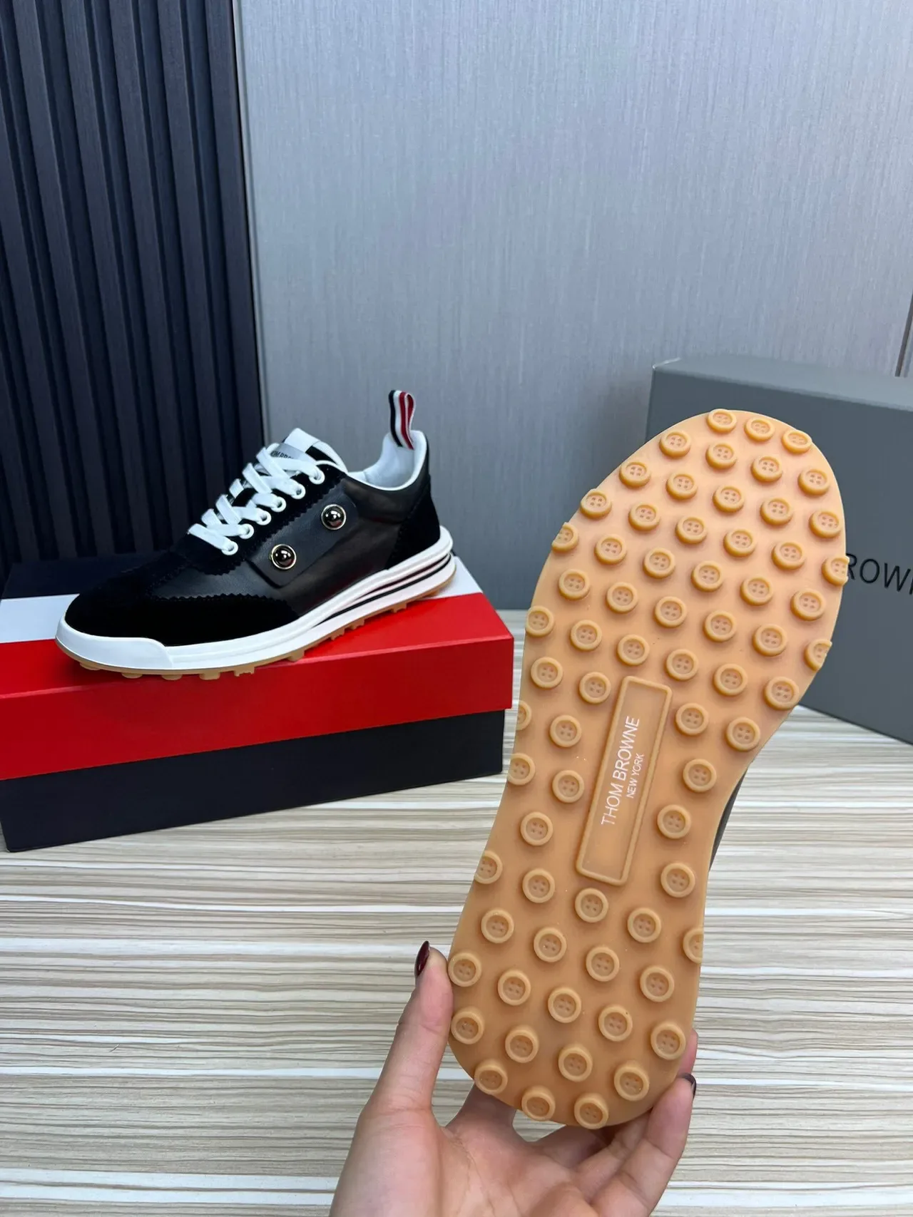 Thom Browne Button Strap Black Suede and Leather Lifestyle Sneaker 2