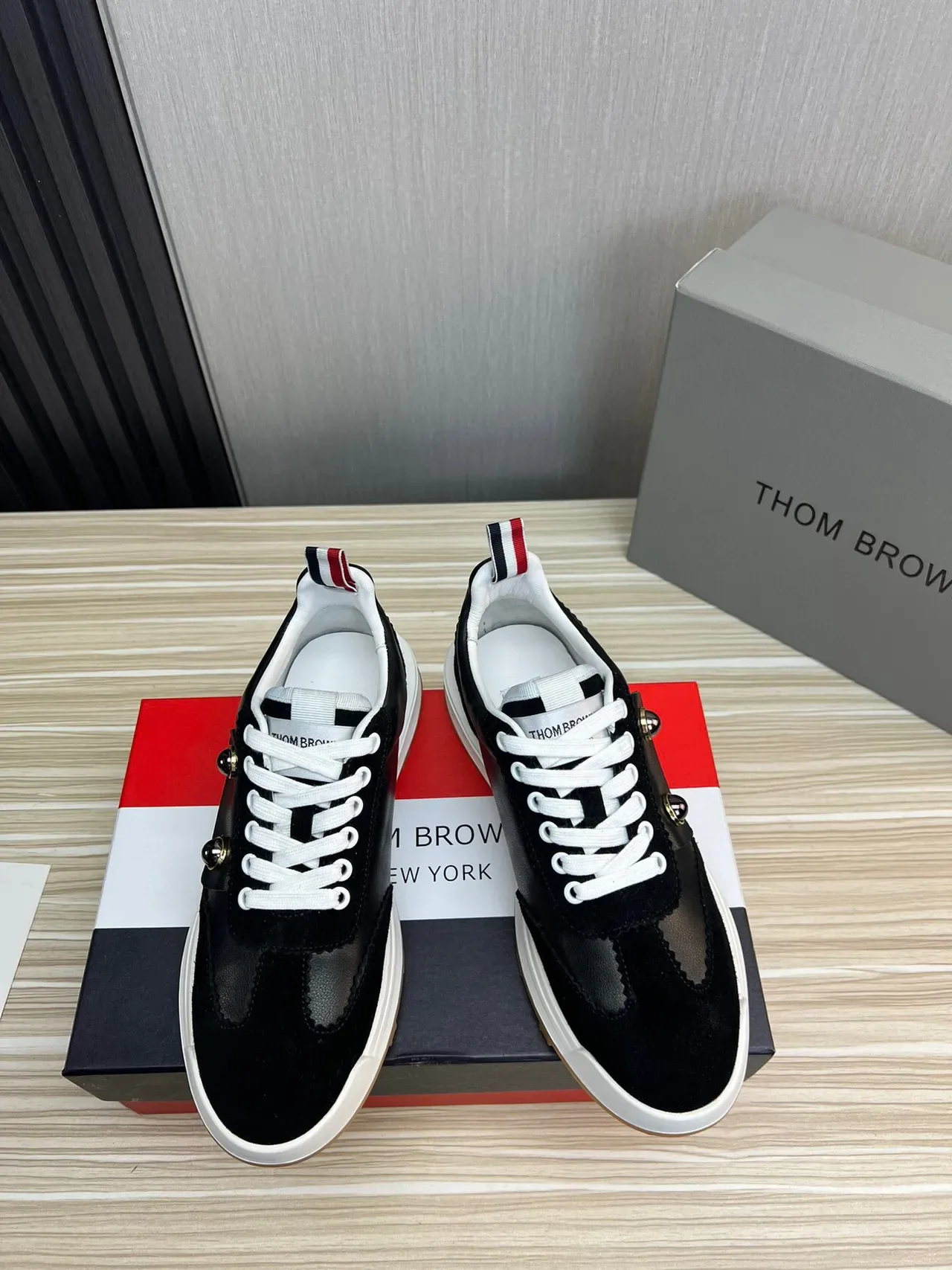 Thom Browne Button Strap Black Suede and Leather Lifestyle Sneaker 3