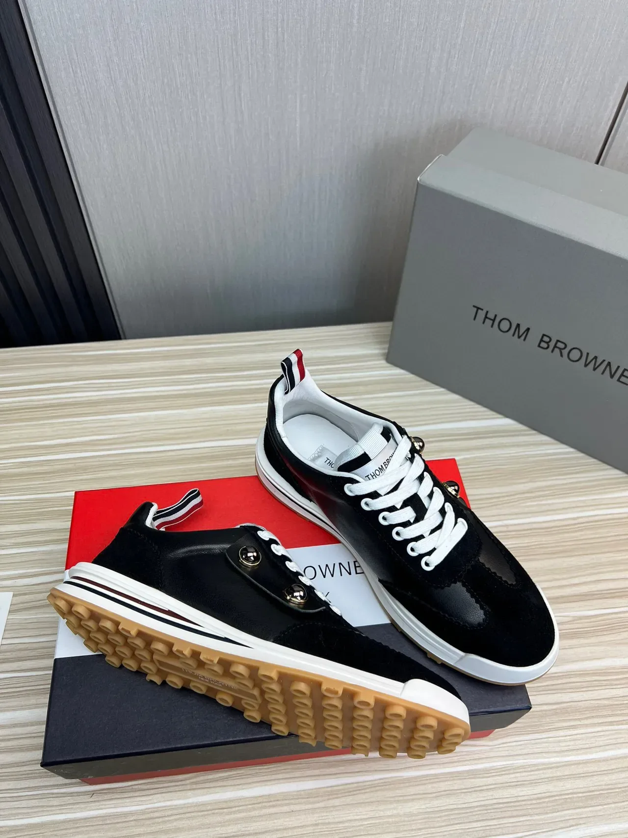 Thom Browne Button Strap Black Suede and Leather Lifestyle Sneaker 5