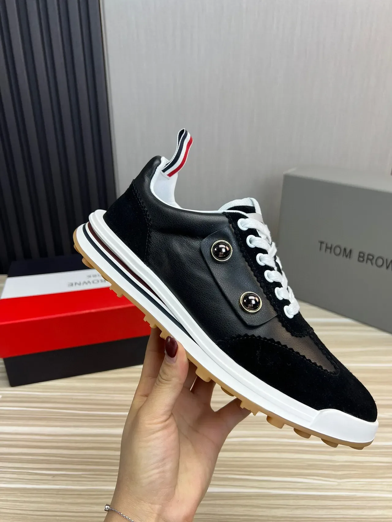 Thom Browne Button Strap Black Suede and Leather Lifestyle Sneaker 6