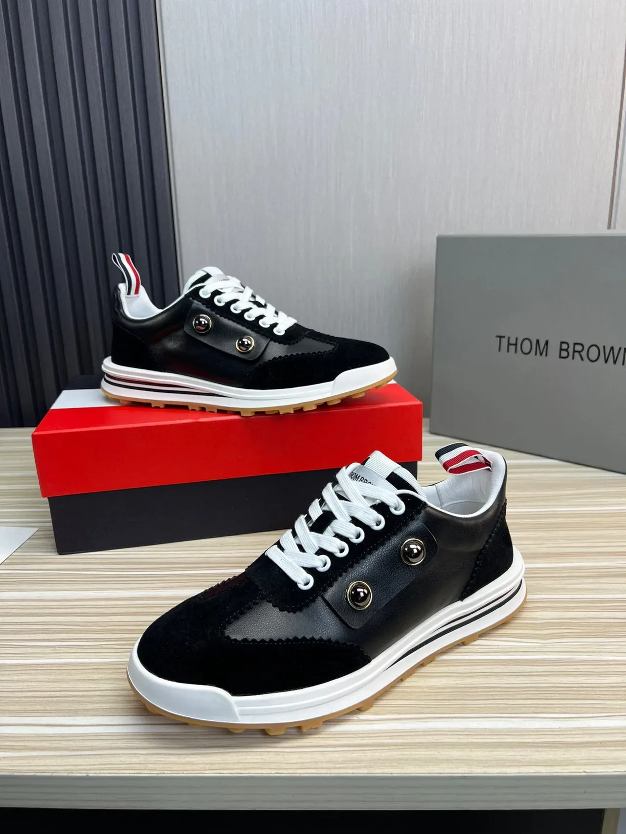 Thom Browne Button Strap Black Suede and Leather Lifestyle Sneaker 9