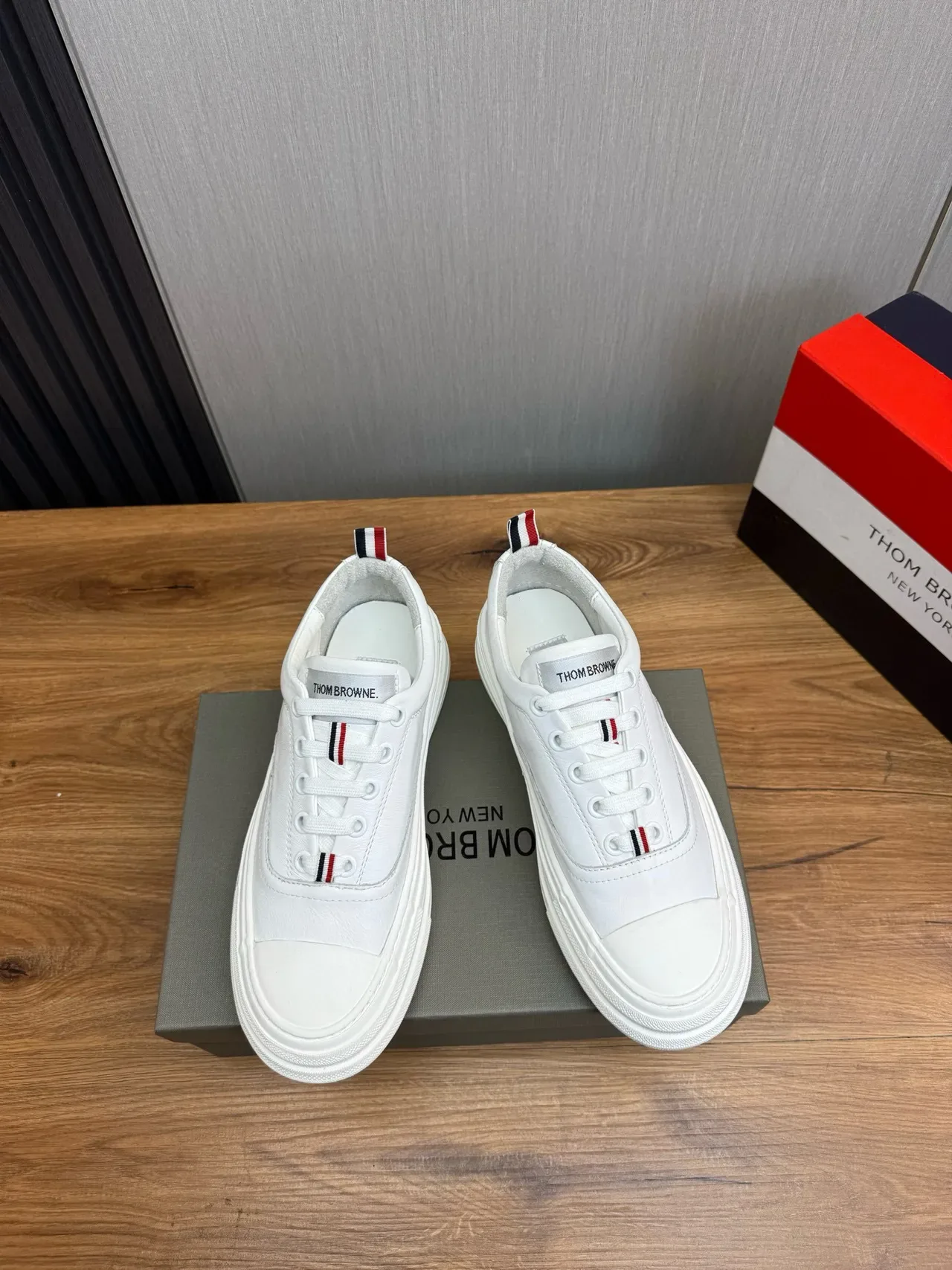 Thom Browne White Navy Leather Layered Platform Sole Lifestyle Sneakers 3