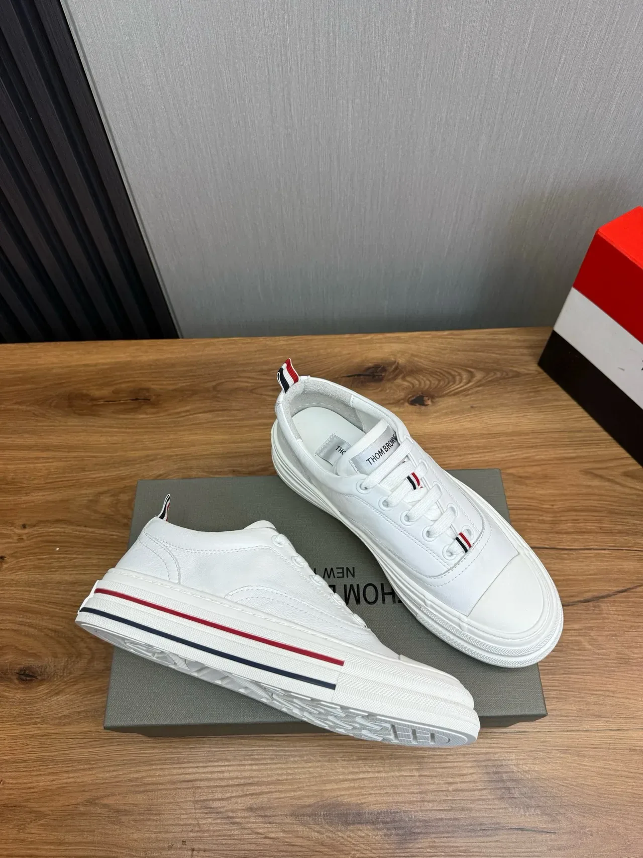 Thom Browne White Navy Leather Layered Platform Sole Lifestyle Sneakers 6