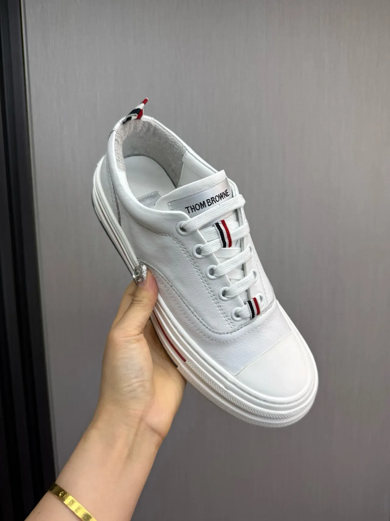 Thom Browne White Navy Leather Layered Platform Sole Lifestyle Sneakers 8