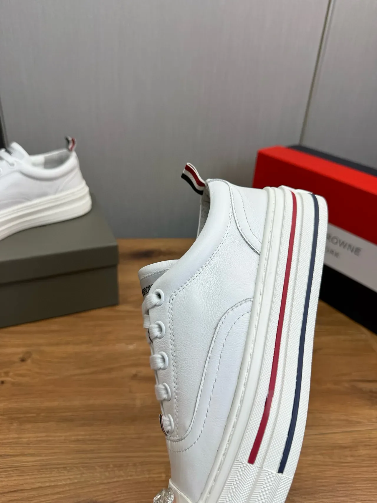 Thom Browne White Navy Leather Layered Platform Sole Lifestyle Sneakers 9