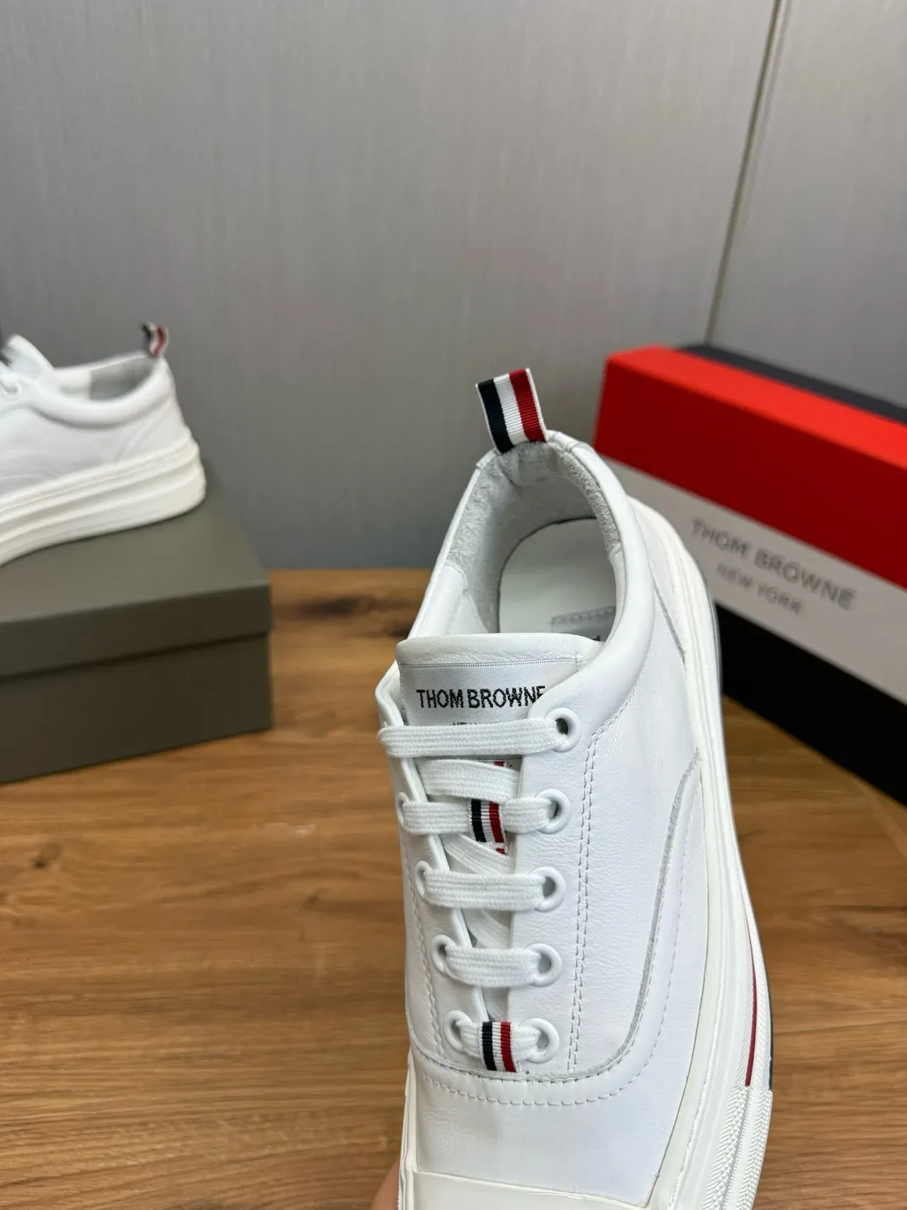 Thom Browne White Navy Leather Layered Platform Sole Lifestyle Sneakers 10