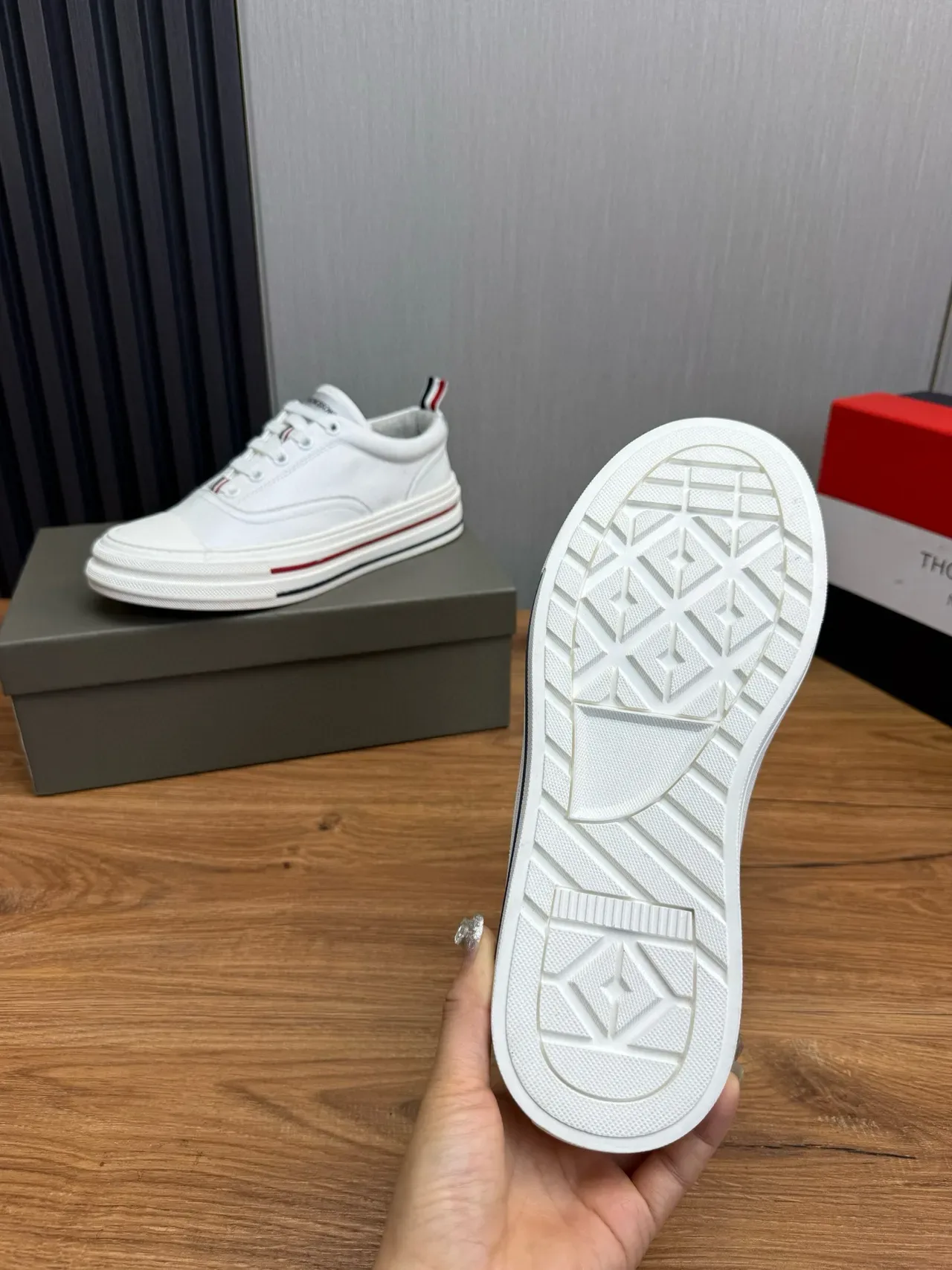Thom Browne White Navy Leather Layered Platform Sole Lifestyle Sneakers 11