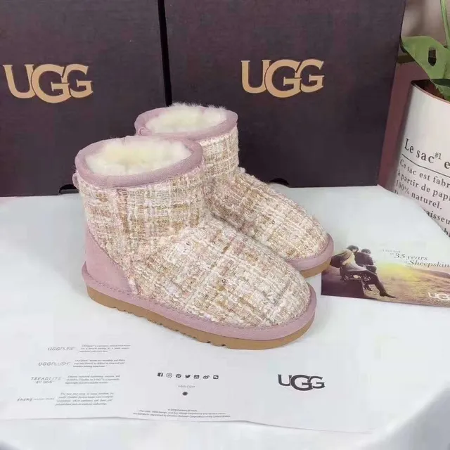 UGG Beige Pink Tweed-Woven Upper Ribbed Cuff Snow Boots 2
