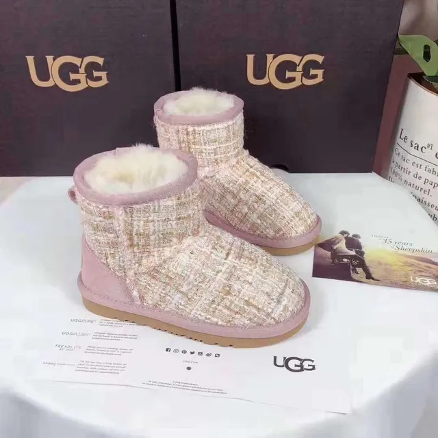 UGG Beige Pink Tweed-Woven Upper Ribbed Cuff Snow Boots 4